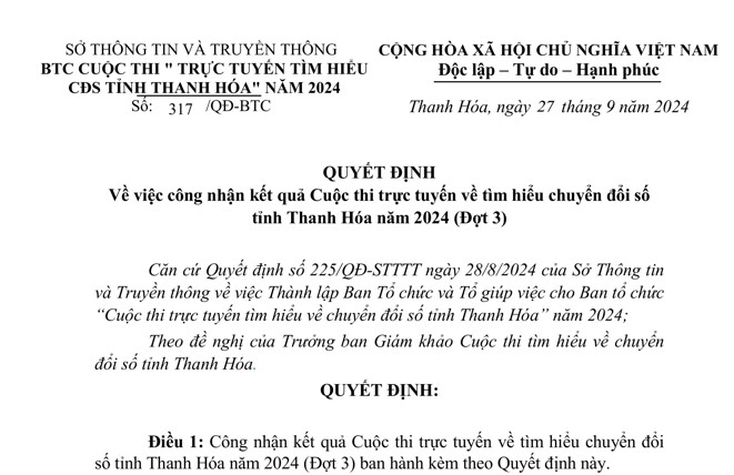 Kết quả Cuộc thi trực tuyến về tìm hiểu chuyển đổi số tỉnh Thanh Hóa năm 2024 (Đợt 3)